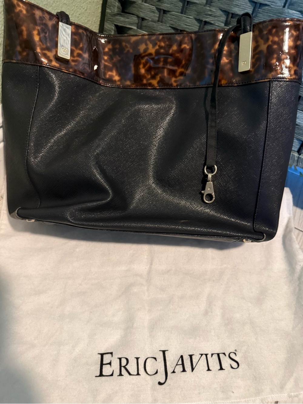 Eric Javits Black Tote with Tortoiseshell Trim